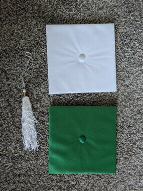 Graduation gown, two caps, tassel, Michigan State University, MSU, Green, White